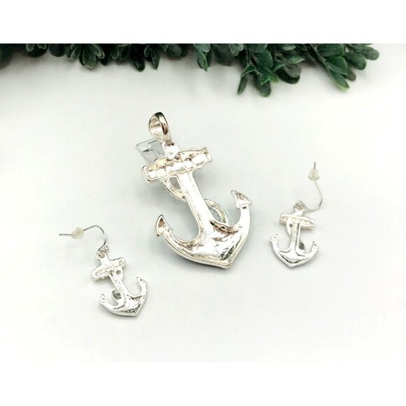 Anchor Pendant & Earrings Set With Blue Enamel & Silver Tone Finish - Picture 3 of 3